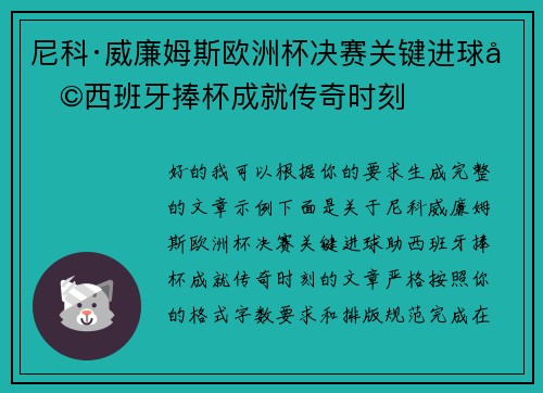 尼科·威廉姆斯欧洲杯决赛关键进球助西班牙捧杯成就传奇时刻